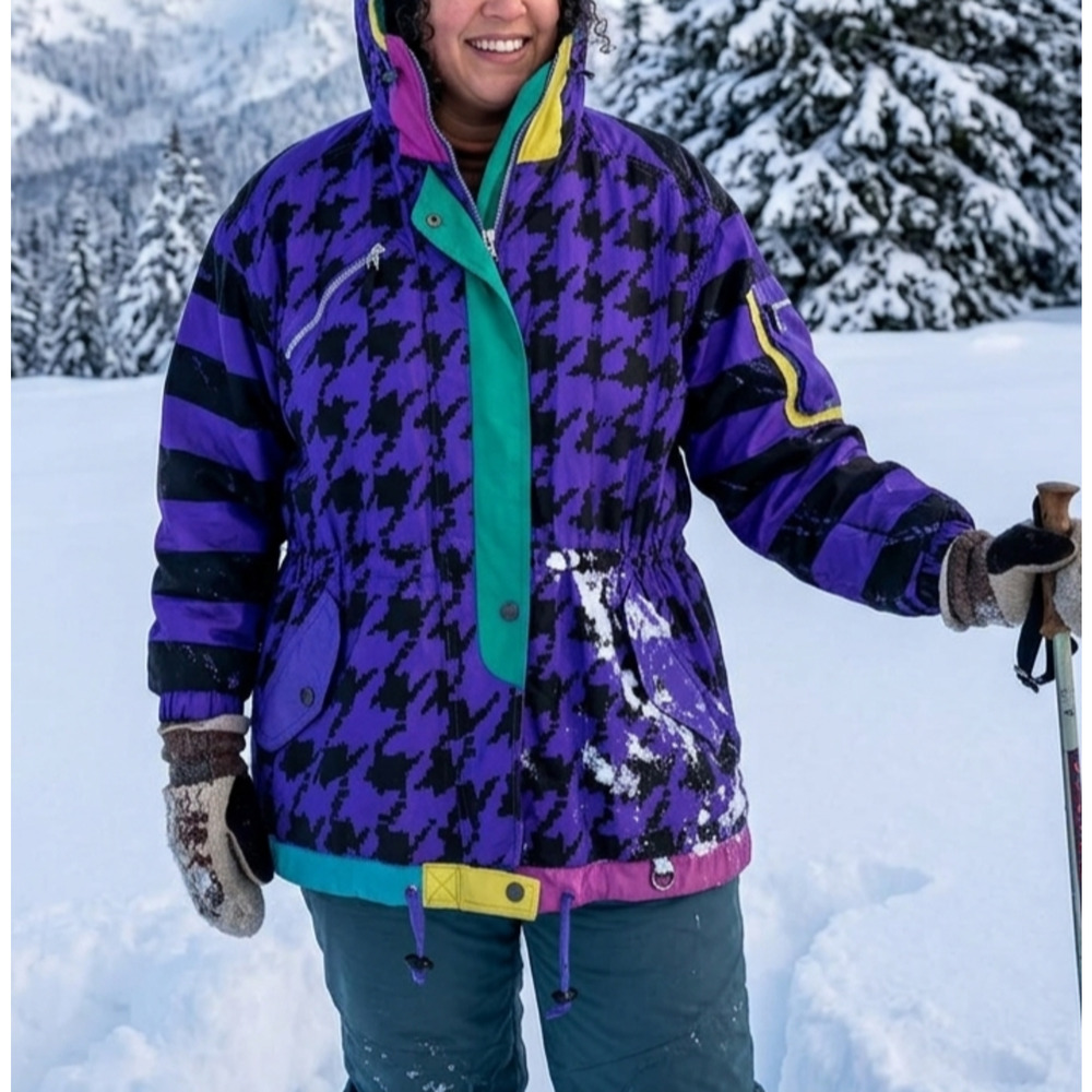 VTG Obermeyer Ski Snow Jacket Blondie Purple Houndstooth Hooded Multi Color 16